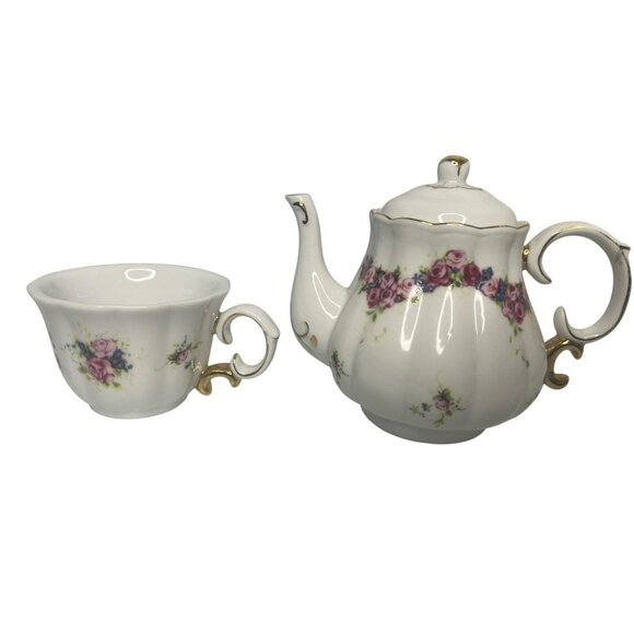 Vintage Floral Porcelain Stacking Teapot and Teacup Set with Gold Accents - Picture 2 of 11